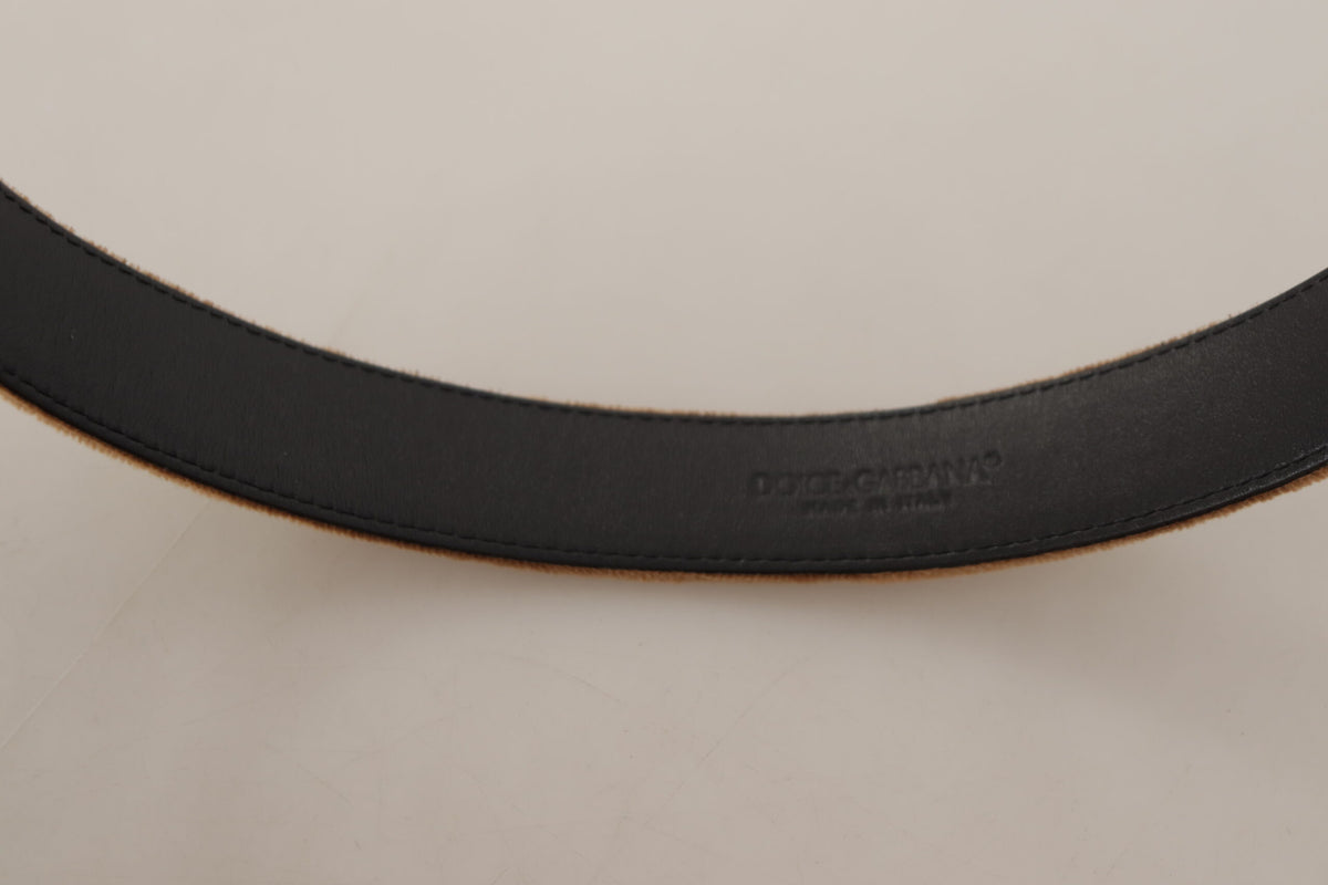 Dolce & Gabbana Brown Velvet Bronze Vintage Logo Metal Buckle Belt braun