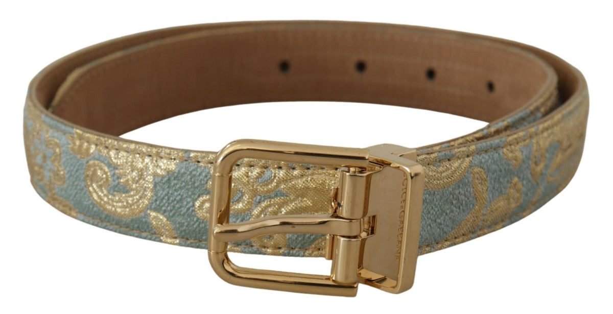 Dolce & Gabbana Blue Leather Jacquard Embossed Gold Metal Buckle Belt blau