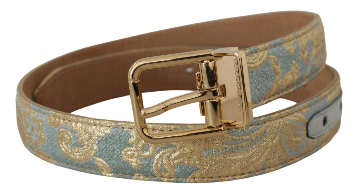 Dolce & Gabbana Blue Leather Jacquard Embossed Gold Metal Buckle Belt blau