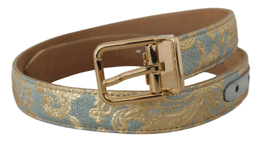 Dolce & Gabbana Blue Leather Jacquard Embossed Gold Metal Buckle Belt blau