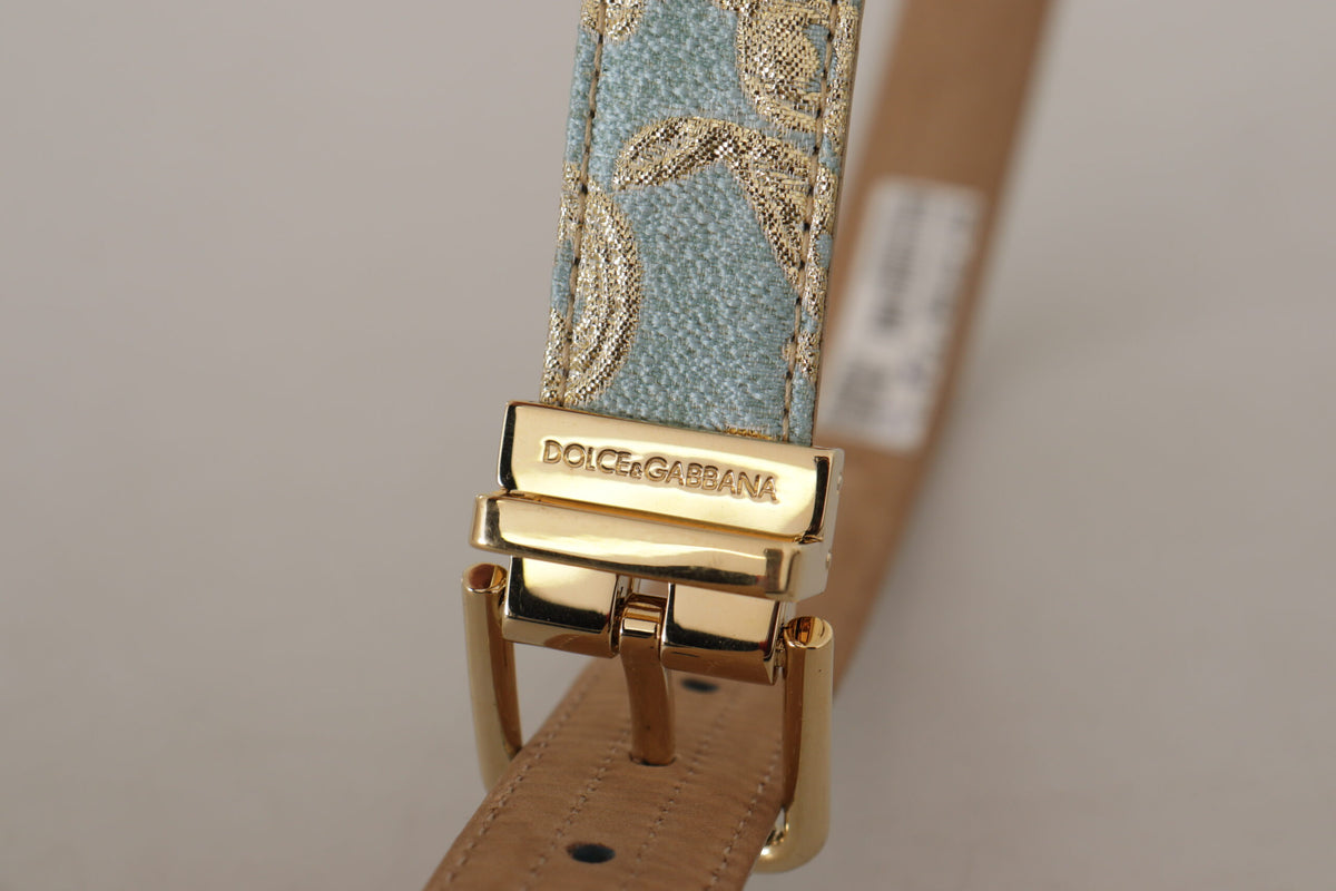 Dolce & Gabbana Blue Leather Jacquard Embossed Gold Metal Buckle Belt blau
