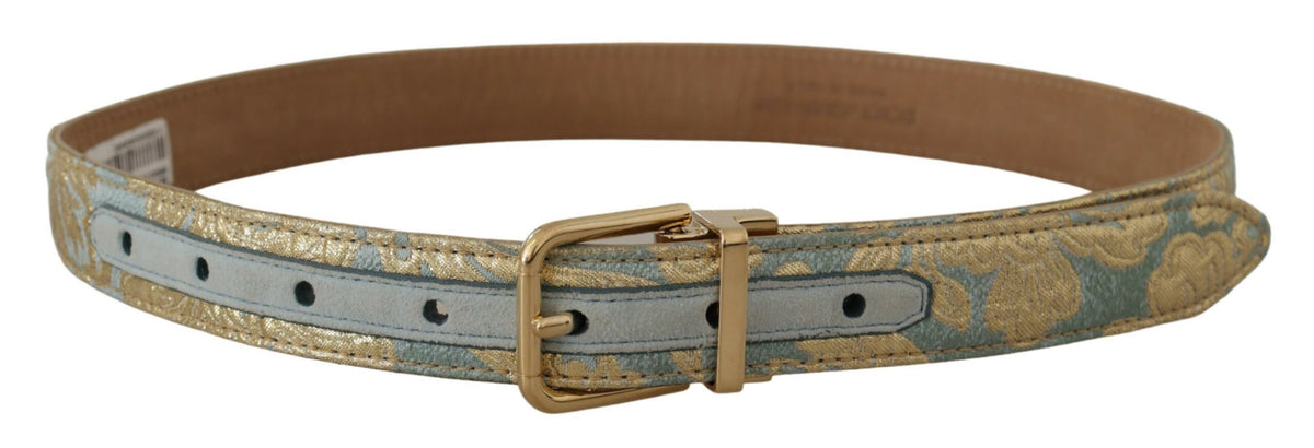 Dolce & Gabbana Blue Leather Jacquard Embossed Gold Metal Buckle Belt blau