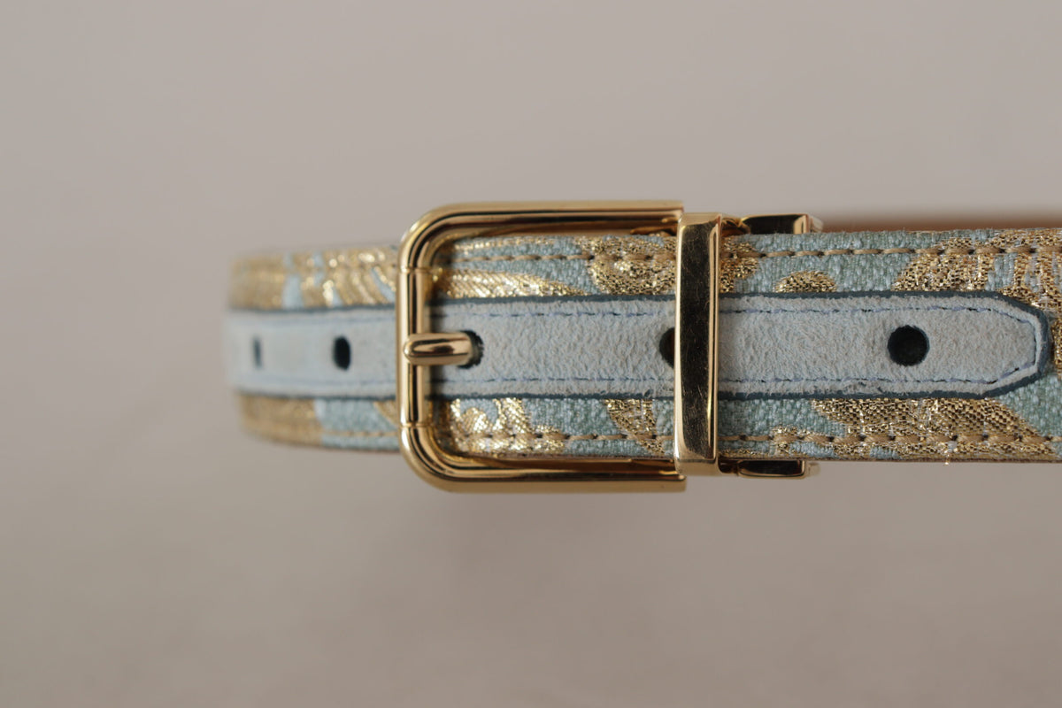Dolce & Gabbana Blue Leather Jacquard Embossed Gold Metal Buckle Belt blau