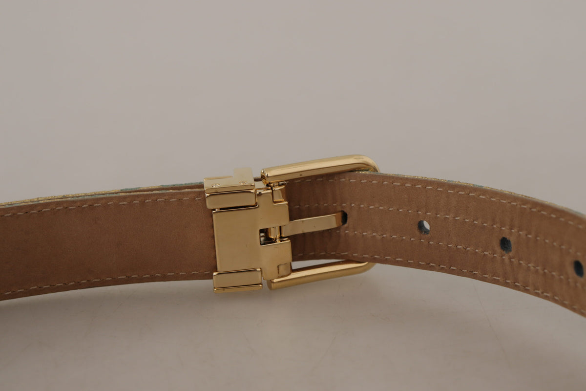 Dolce & Gabbana Blue Leather Jacquard Embossed Gold Metal Buckle Belt blau