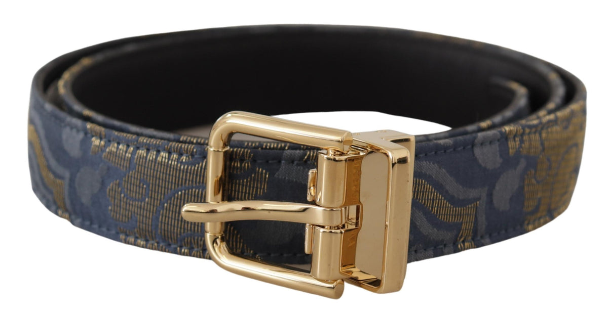 Dolce & Gabbana Navy Blue Jacquard Gold Tone Logo Metal Buckle Belt marineblau