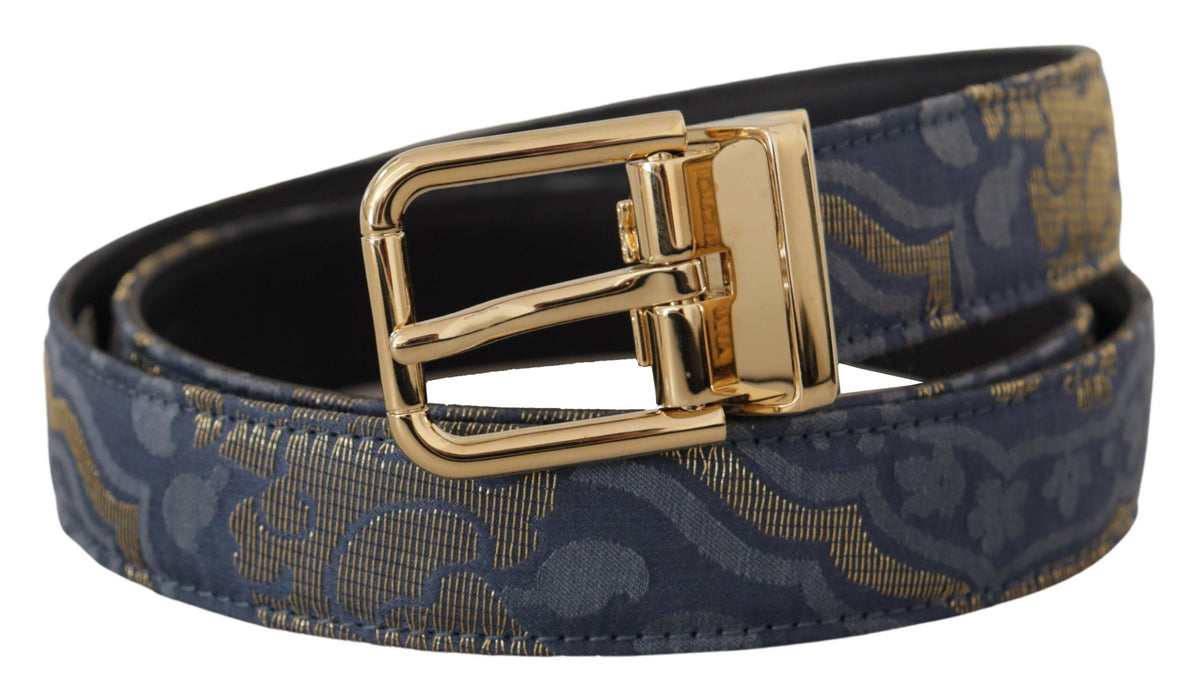 Dolce & Gabbana Navy Blue Jacquard Gold Tone Logo Metal Buckle Belt marineblau