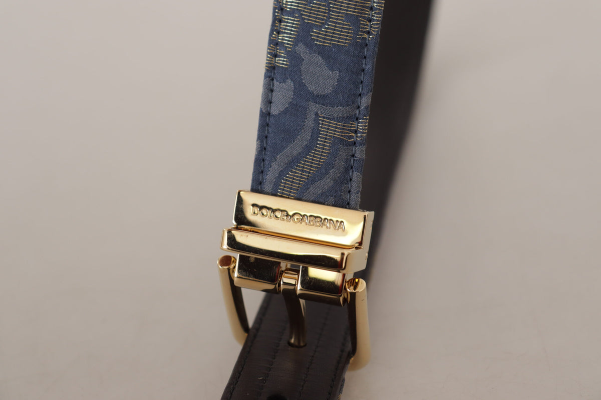 Dolce & Gabbana Navy Blue Jacquard Gold Tone Logo Metal Buckle Belt marineblau