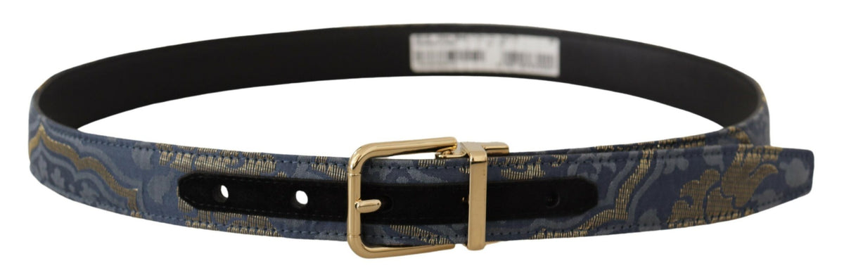 Dolce & Gabbana Navy Blue Jacquard Gold Tone Logo Metal Buckle Belt marineblau