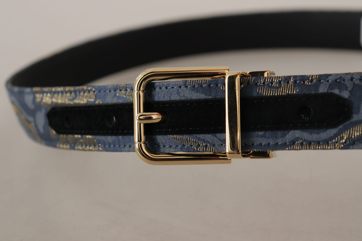 Dolce & Gabbana Navy Blue Jacquard Gold Tone Logo Metal Buckle Belt marineblau