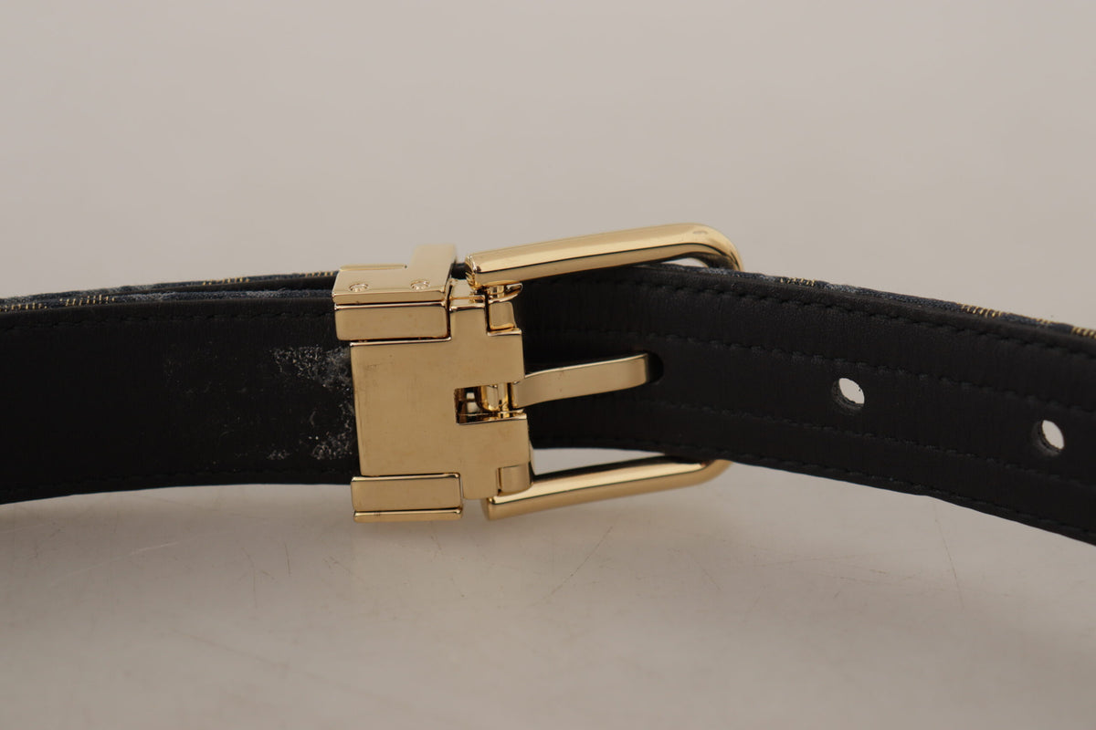 Dolce & Gabbana Navy Blue Jacquard Gold Tone Logo Metal Buckle Belt marineblau