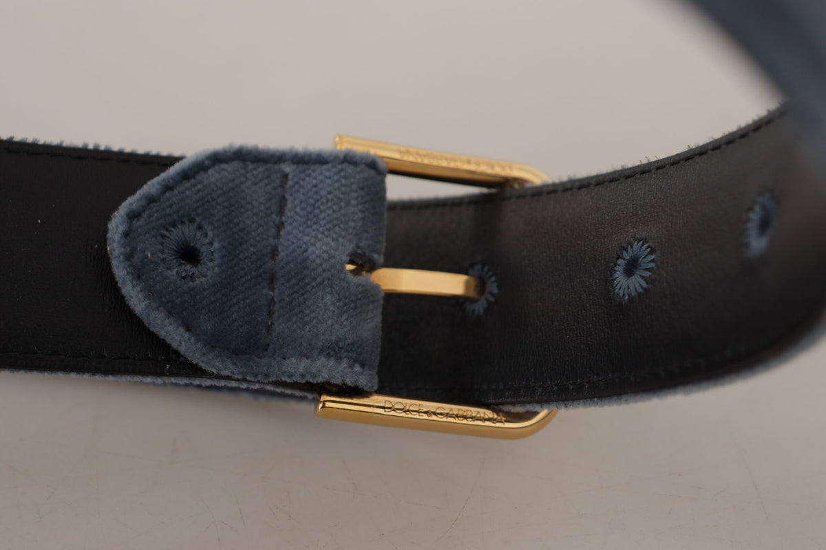 Dolce & Gabbana Navy Blue Velvet Gold Metal Logo Waist Buckle Belt marineblau