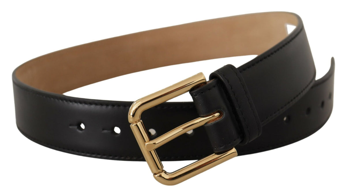 Dolce & Gabbana Black Solid Leather Classic Gold Waist Buckle Belt schwarz