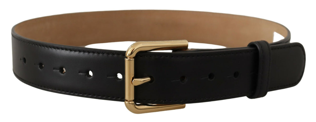 Dolce & Gabbana Black Solid Leather Classic Gold Waist Buckle Belt schwarz