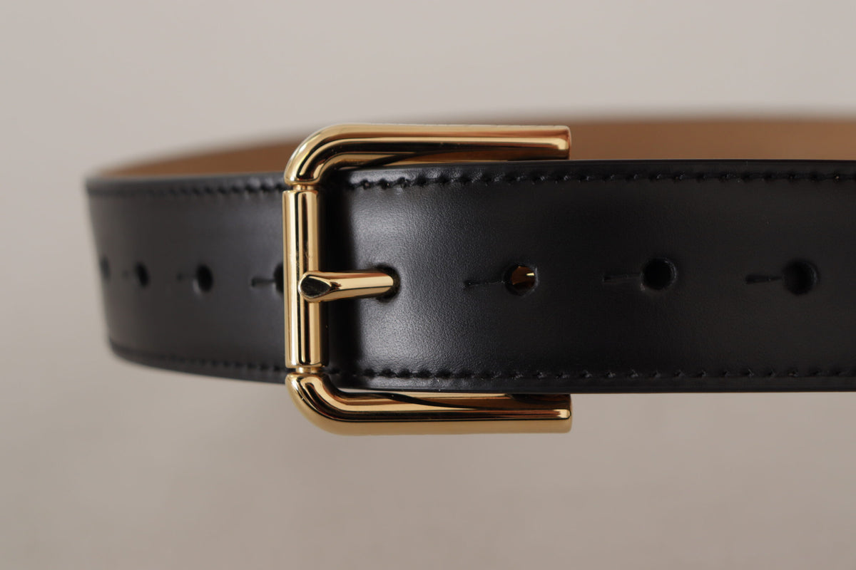 Dolce & Gabbana Black Solid Leather Classic Gold Waist Buckle Belt schwarz
