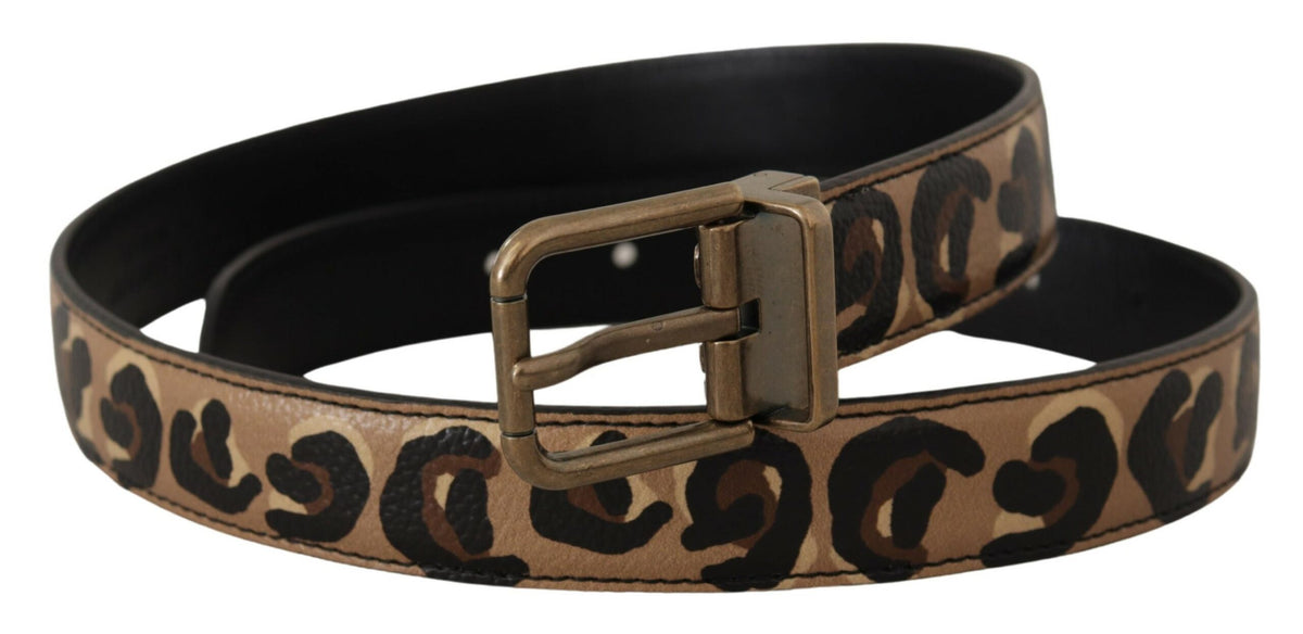 Dolce & Gabbana Brown Leather Leopard Print Bronze Metal Buckle Belt braun