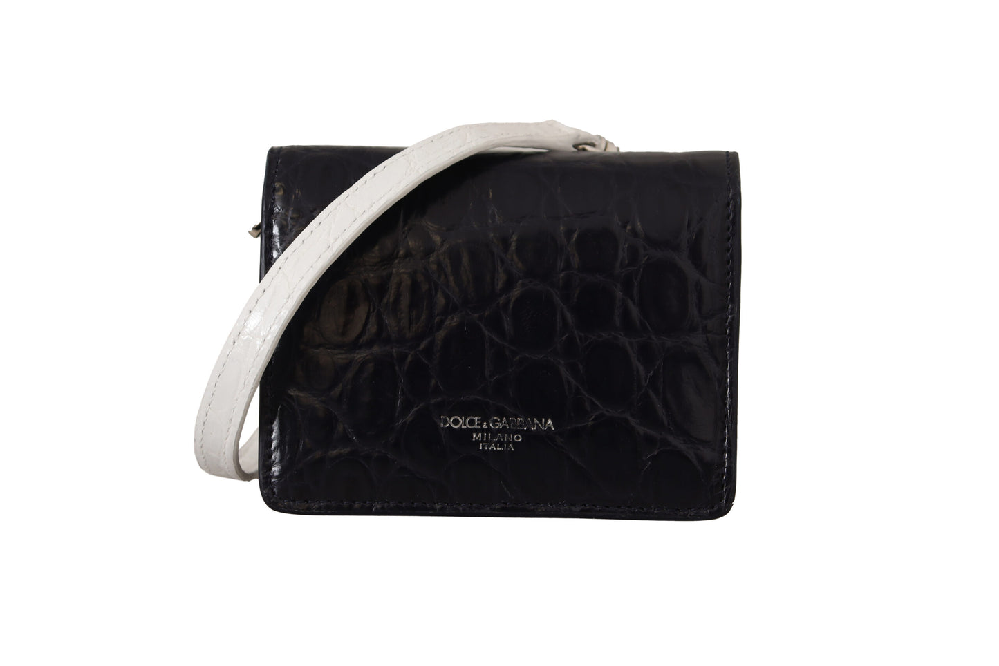 Dolce & Gabbana Blue White Caiman Leather Strap Card Holder Wallet Curated Luxury Accessories by Orvyn