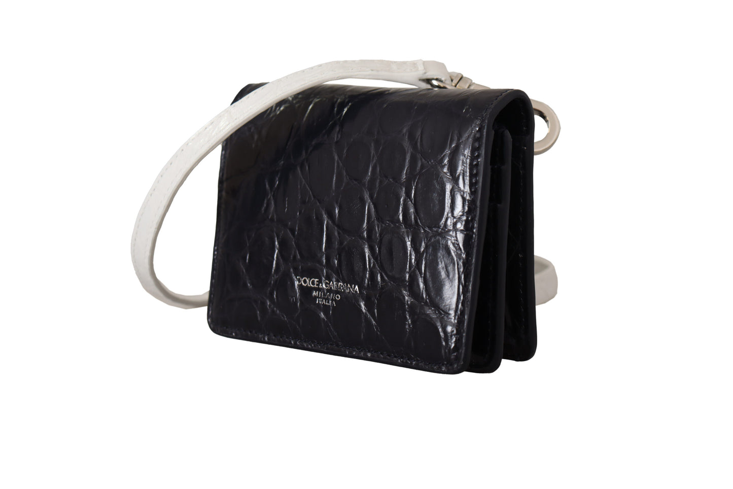 Dolce & Gabbana Blue White Caiman Leather Strap Card Holder Wallet Curated Luxury Accessories by Orvyn