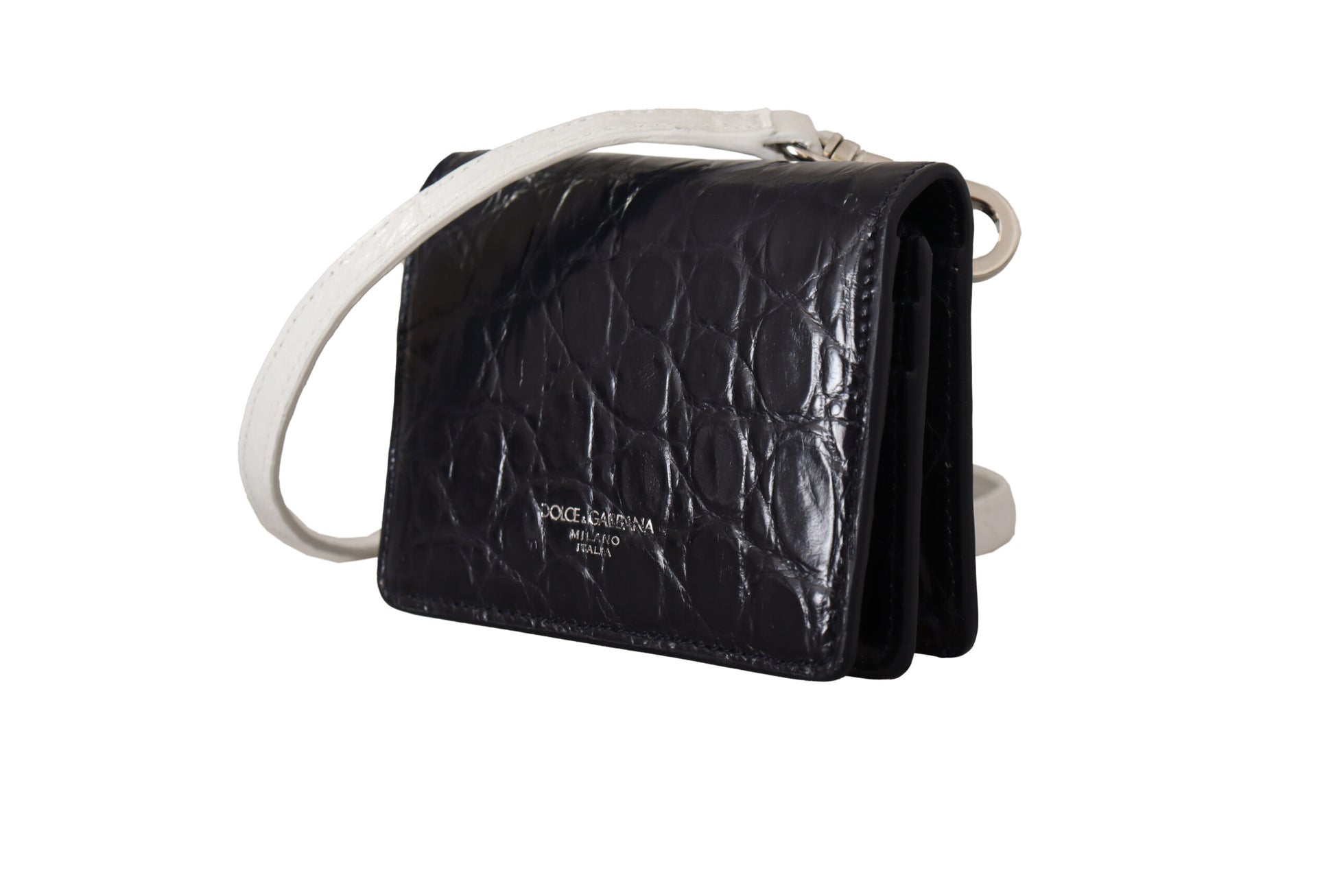Dolce & Gabbana Blue White Caiman Leather Strap Card Holder Wallet Curated Luxury Accessories by Orvyn