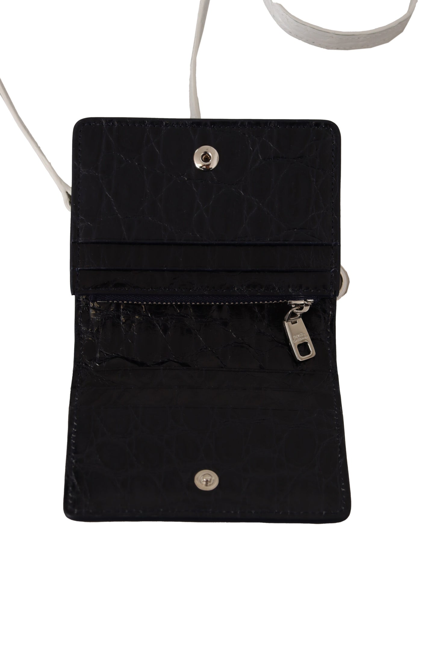Dolce & Gabbana Blue White Caiman Leather Strap Card Holder Wallet Curated Luxury Accessories by Orvyn