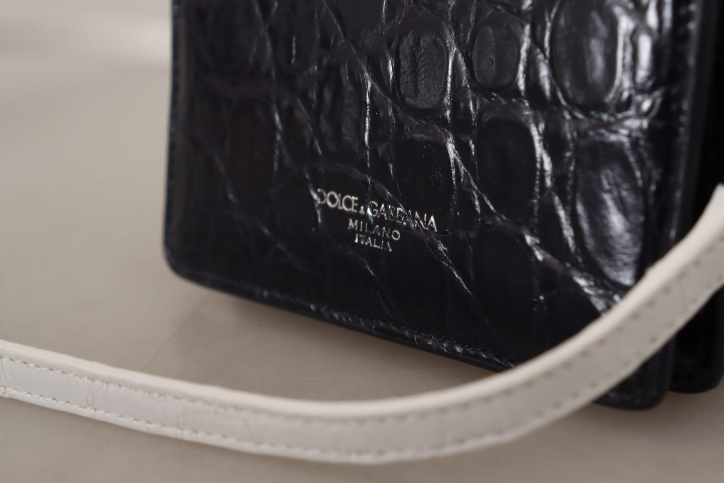 Dolce & Gabbana Blue White Caiman Leather Strap Card Holder Wallet Curated Luxury Accessories by Orvyn