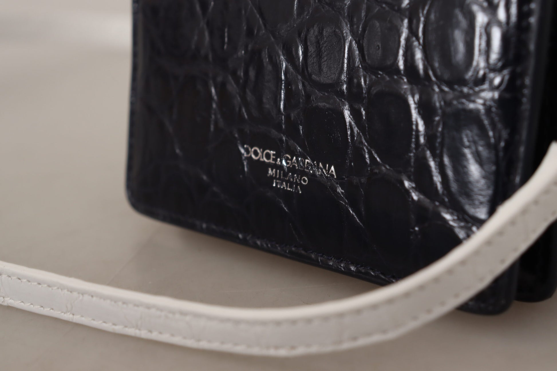 Dolce & Gabbana Blue White Caiman Leather Strap Card Holder Wallet Curated Luxury Accessories by Orvyn