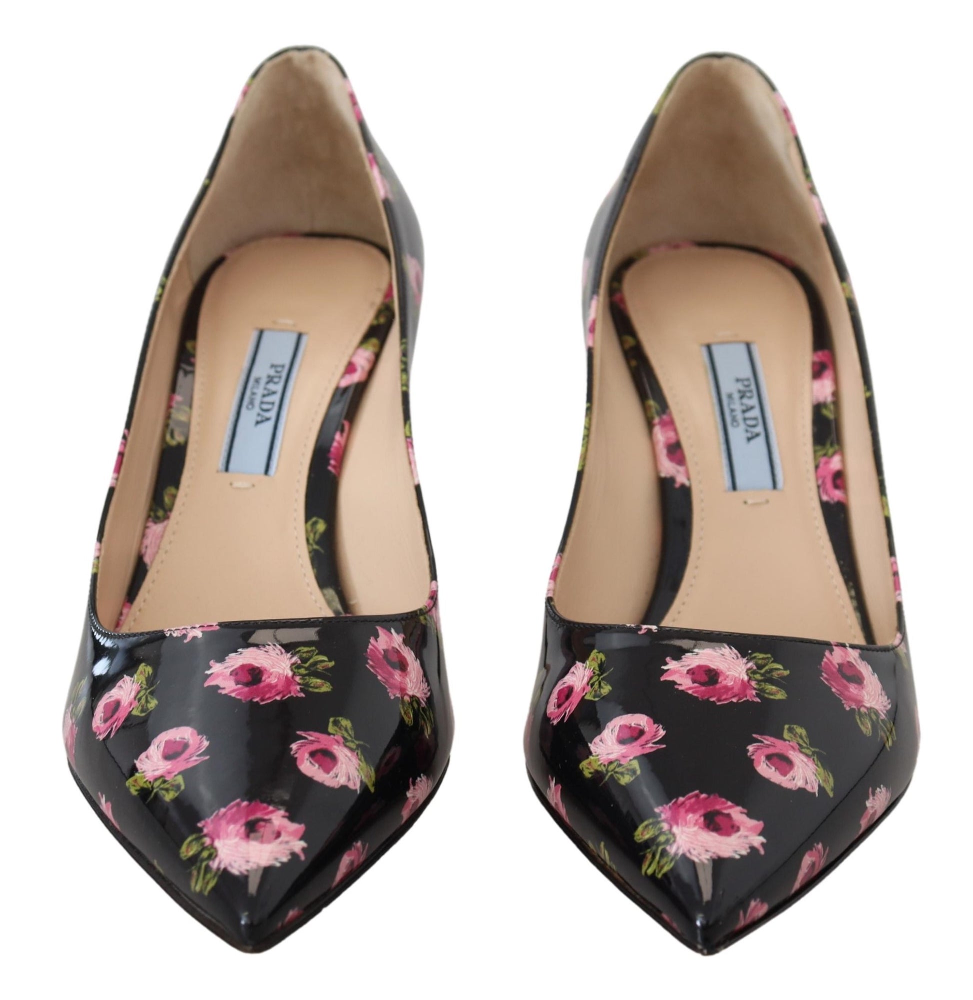 Prada Black Leather Floral Heels Stilettos Pumps schwarz