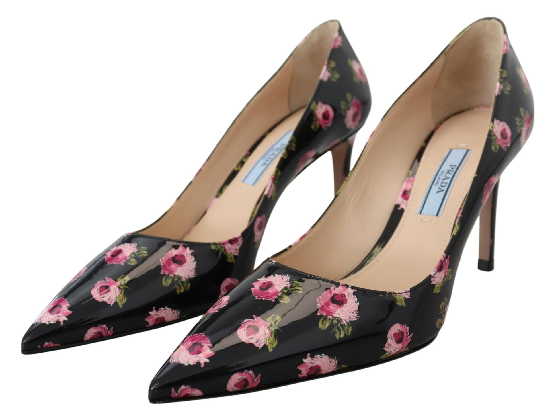 Prada Black Leather Floral Heels Stilettos Pumps schwarz
