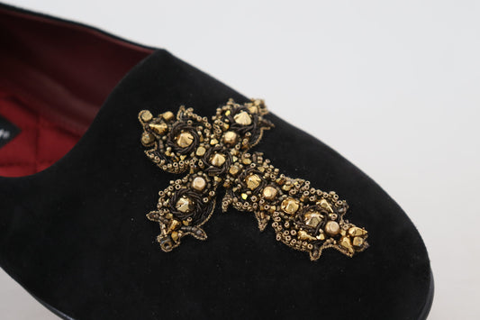 Dolce & Gabbana Black Suede Gold Cross Slip On Loafers Shoes Curated Luxury Accessories by Orvyn