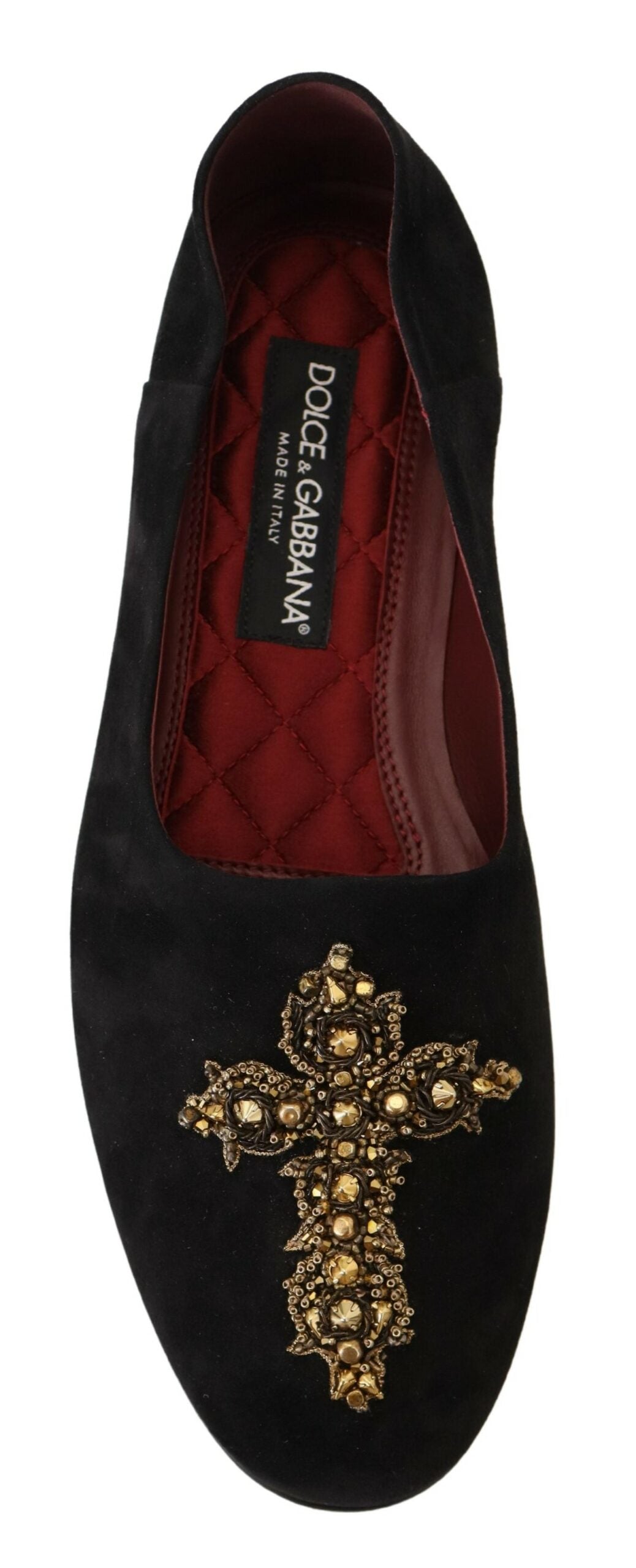 Dolce & Gabbana Black Suede Gold Cross Slip On Loafers Shoes Curated Luxury Accessories by Orvyn