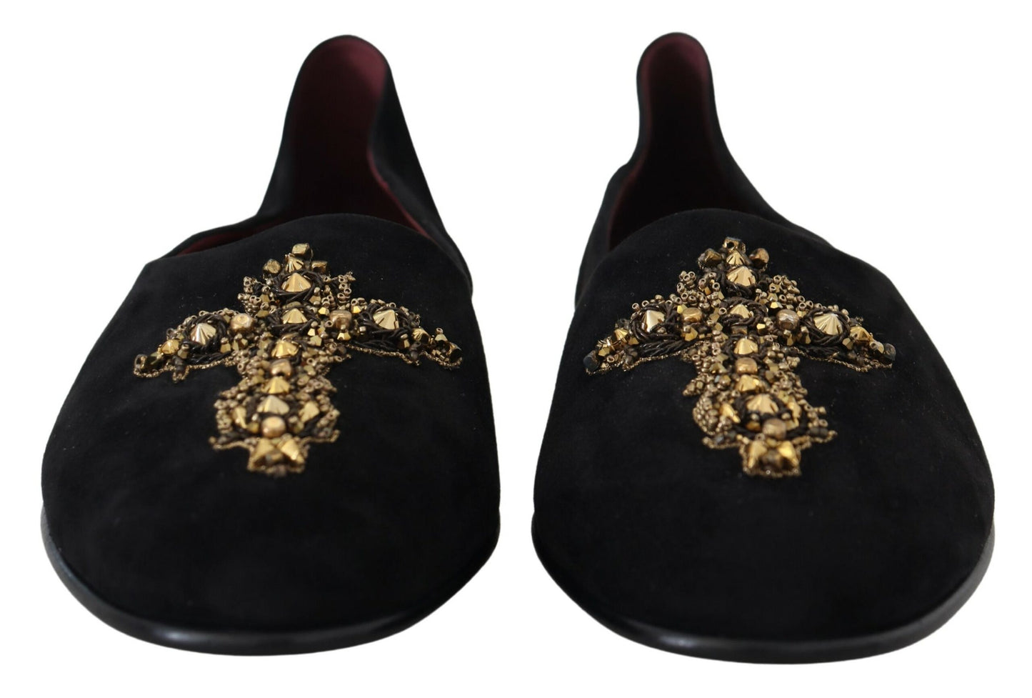 Dolce & Gabbana Black Suede Gold Cross Slip On Loafers Shoes Curated Luxury Accessories by Orvyn