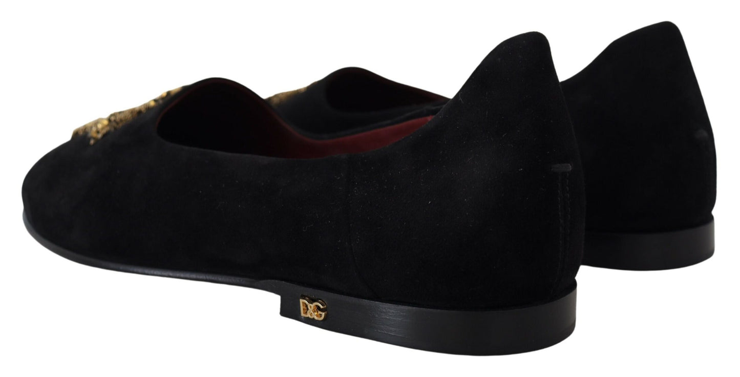 Dolce & Gabbana Black Suede Gold Cross Slip On Loafers Shoes Curated Luxury Accessories by Orvyn