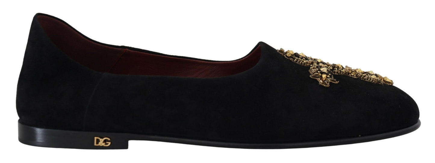 Dolce & Gabbana Black Suede Gold Cross Slip On Loafers Shoes Curated Luxury Accessories by Orvyn
