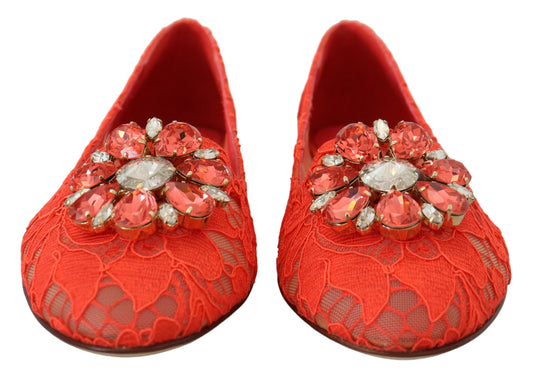 Dolce & Gabbana Red Taormina Lace Crystals Ballet Flats Shoes rot