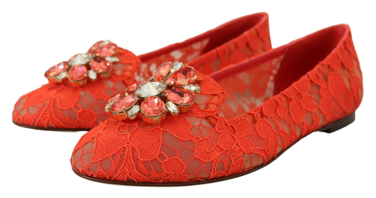 Dolce & Gabbana Red Taormina Lace Crystals Ballet Flats Shoes rot