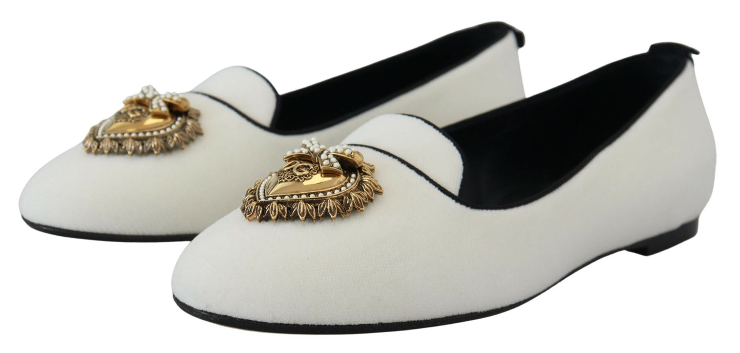 Dolce & Gabbana White Velvet Slip Ons Loafers Flats Shoes weiss