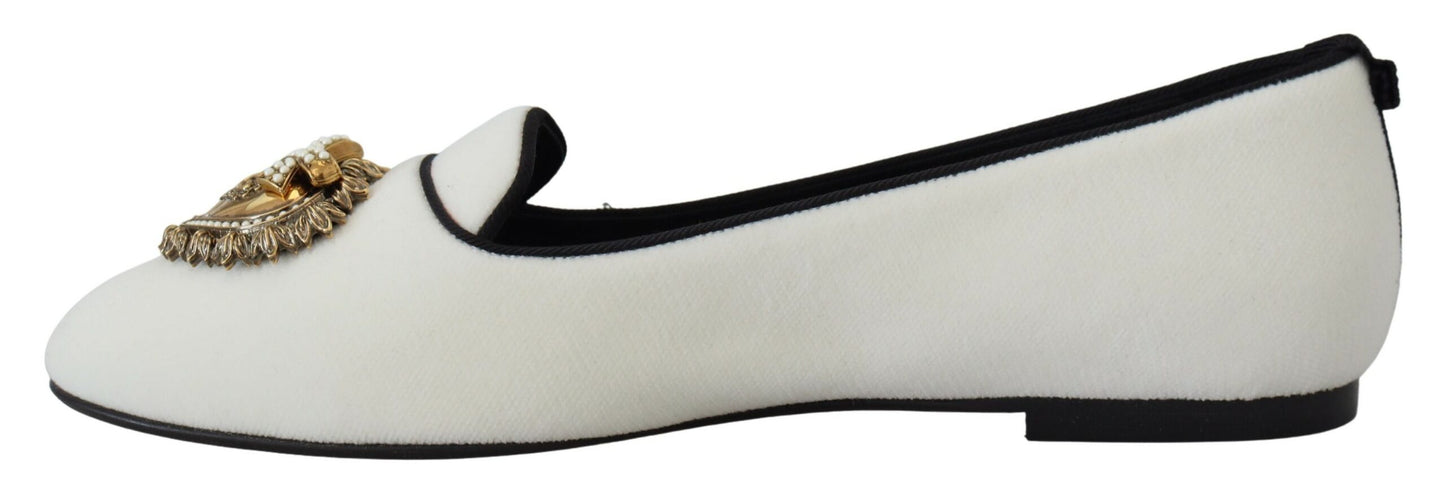 Dolce & Gabbana White Velvet Slip Ons Loafers Flats Shoes weiss