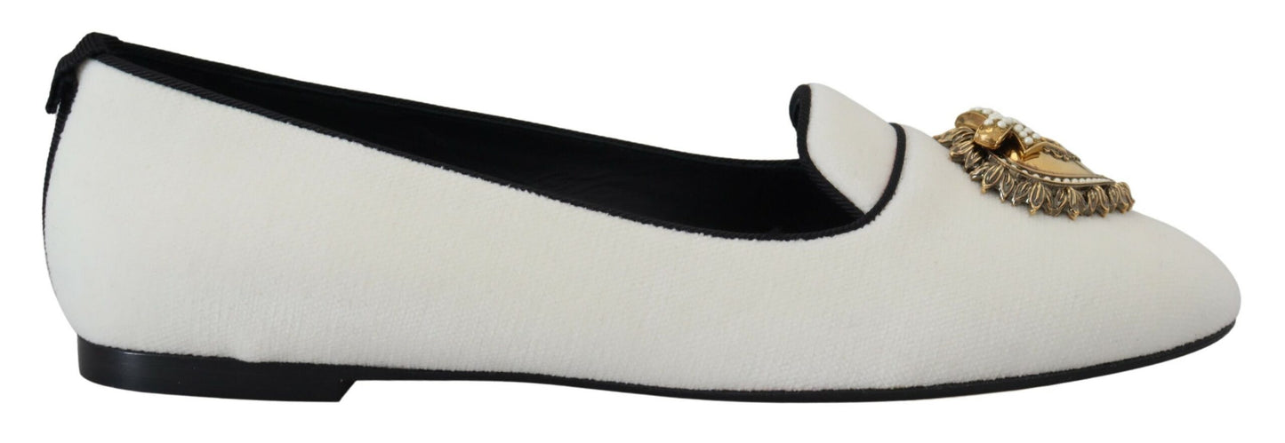 Dolce & Gabbana White Velvet Slip Ons Loafers Flats Shoes weiss
