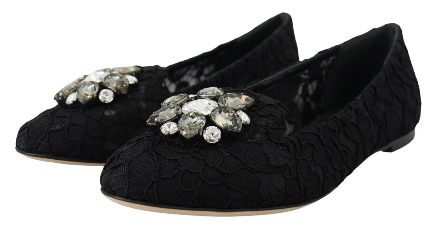 Dolce & Gabbana Black Taormina Lace Crystals Flats Shoes schwarz