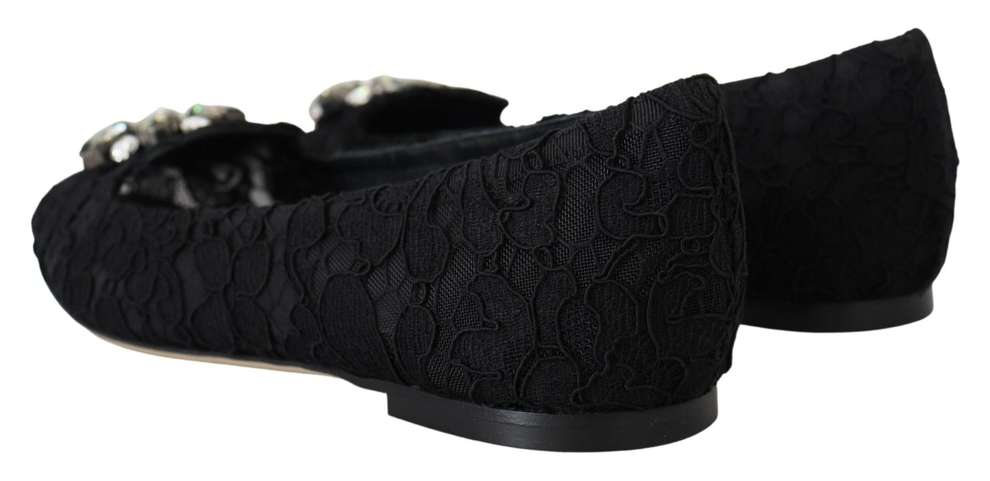 Dolce & Gabbana Black Taormina Lace Crystals Flats Shoes schwarz
