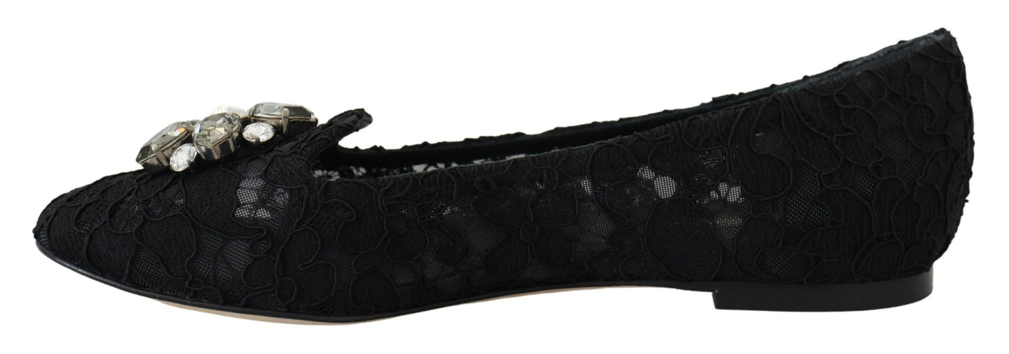 Dolce & Gabbana Black Taormina Lace Crystals Flats Shoes schwarz