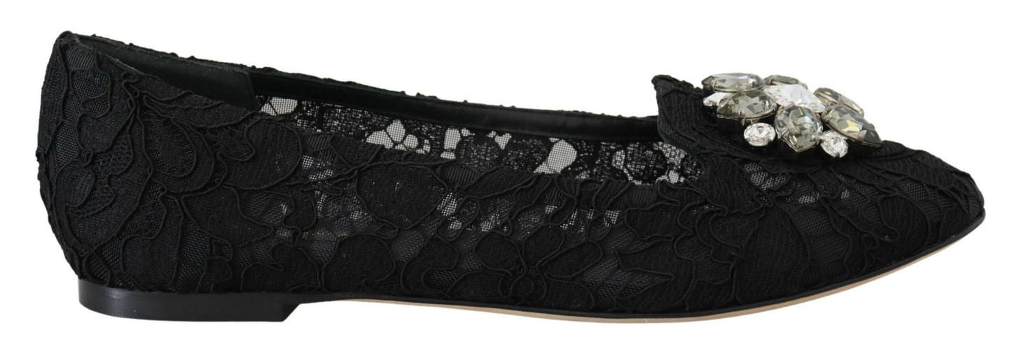 Dolce & Gabbana Black Taormina Lace Crystals Flats Shoes schwarz