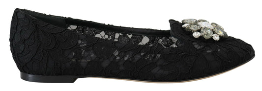 Dolce & Gabbana Black Taormina Lace Crystals Flats Shoes schwarz