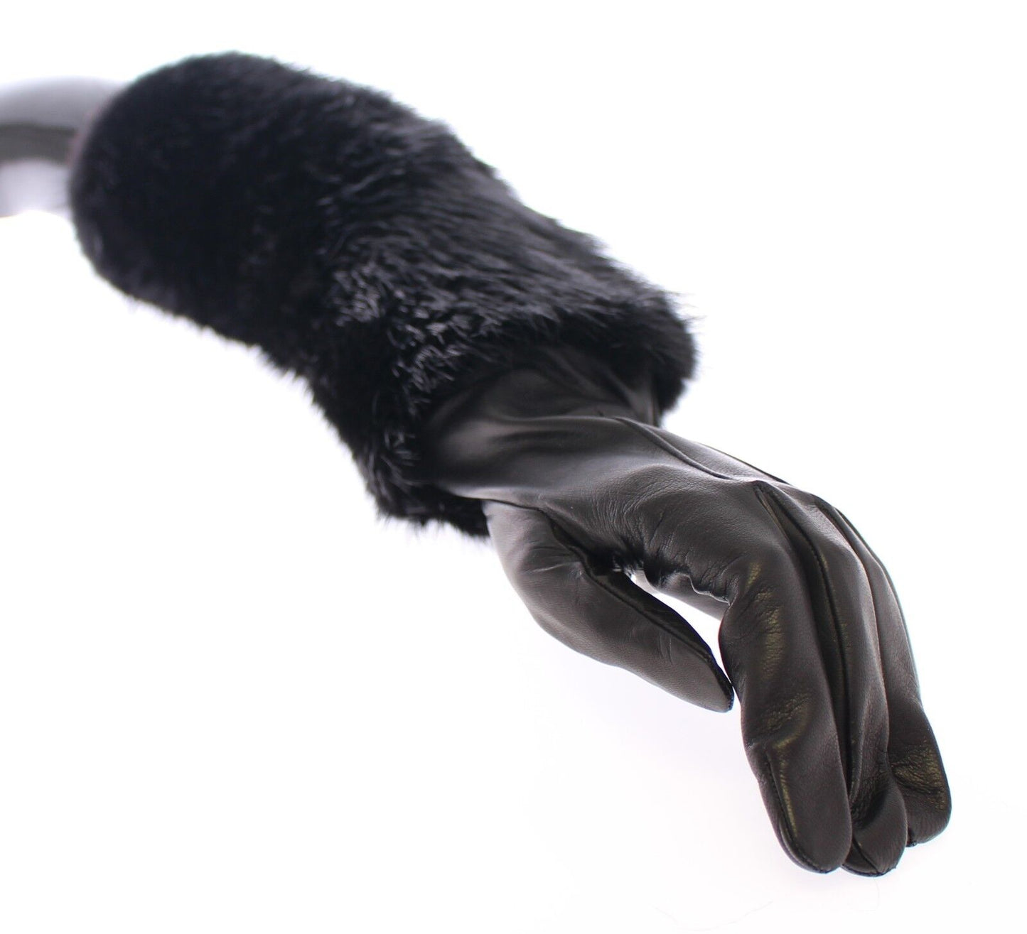 Dolce & Gabbana Black Beaver Fur Lambskin Leather Elbow Gloves Curated Luxury Accessories by Orvyn