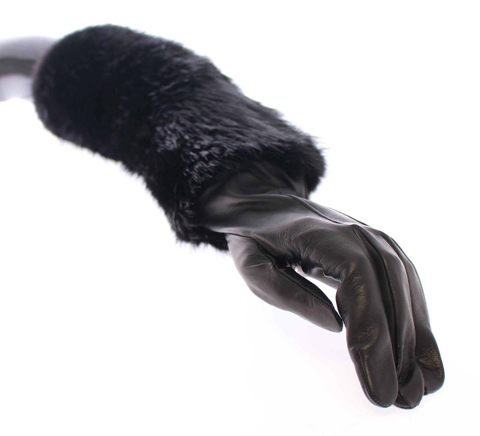 Dolce & Gabbana Black Beaver Fur Lambskin Leather Elbow Gloves Curated Luxury Accessories by Orvyn