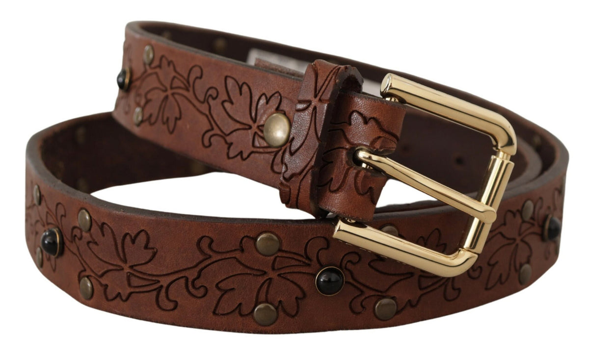Dolce & Gabbana Brown Leather Floral Studded Metal Buckle Belt braun