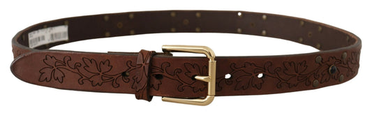 Dolce & Gabbana Brown Leather Floral Studded Metal Buckle Belt braun