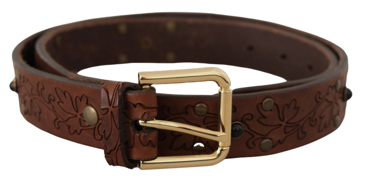 Dolce & Gabbana Brown Leather Floral Studded Metal Buckle Belt braun