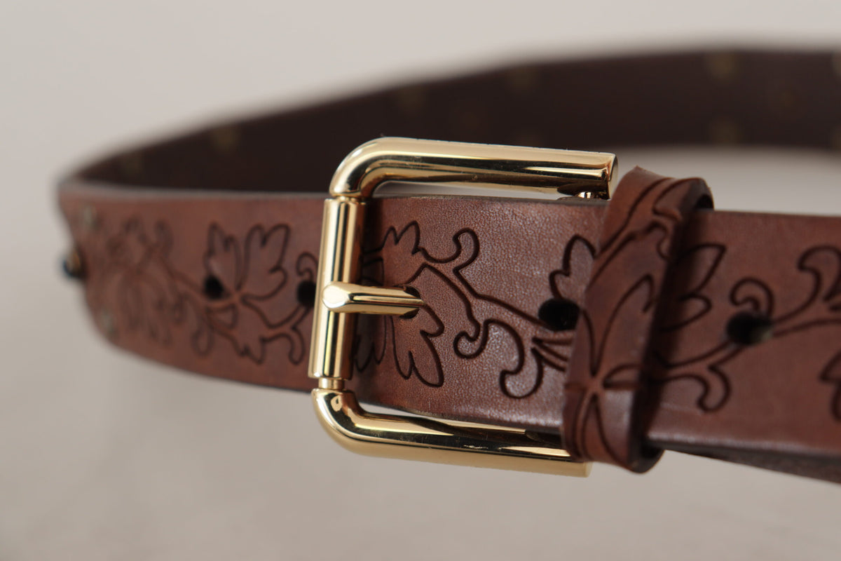 Dolce & Gabbana Brown Leather Floral Studded Metal Buckle Belt braun