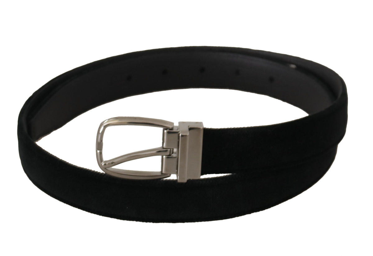 Dolce & Gabbana Black Classic Velvet Silver Tone Metal Buckle Belt schwarz