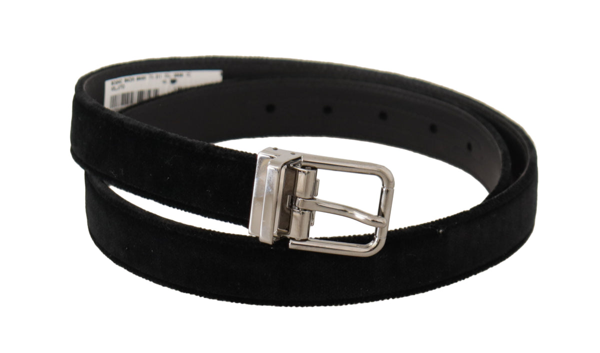 Dolce & Gabbana Black Casual Velvet Silver Metal Logo Buckle Belt schwarz